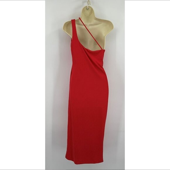 H:ours Niall midi dress red strappy kni ribbed bodycon one shoulder Medium - Picture 3 of 5